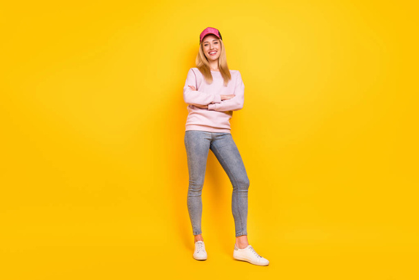 Full length body size photo blonde woman with crossed hands laughing in casual clothes isolated vibrant yellow color background - Fotografie, Obrázek