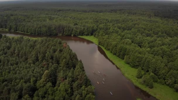 Vue du sommet d'un groupe de touristes sur des kayaks flottant le long d'une rivière trouble - Séquence, vidéo