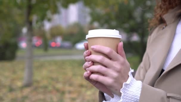 Otoño, las manos femeninas sostienen una taza de papel y café o té caliente. Ambiente de otoño al aire libre - Imágenes, Vídeo
