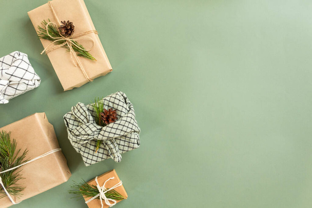 Zero waste new year concept. Christmas reusable sustainable gift wrapping alternative.  - Φωτογραφία, εικόνα
