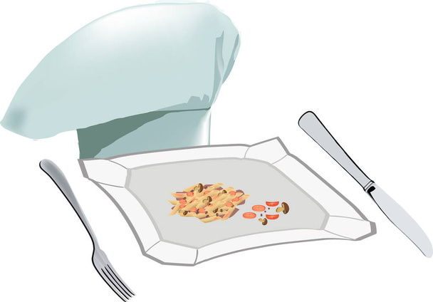 Блюдо из пасты, как фузилли с томатным соусом и шляпой шеф-повара - Вектор,изображение