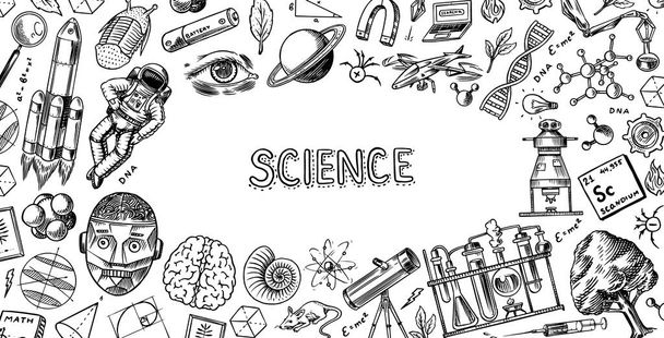 Επιστημονικό πανό ή αφίσα. Χαραγμένο χέρι ζωγραφισμένο σε παλιό σκίτσο και vintage στυλ. Αστροναύτης και πύραυλος. Επιστημονικοί τύποι και υπολογισμοί στη φυσική και τα μαθηματικά και αστρονομία στο λευκό πίνακα. - Διάνυσμα, εικόνα