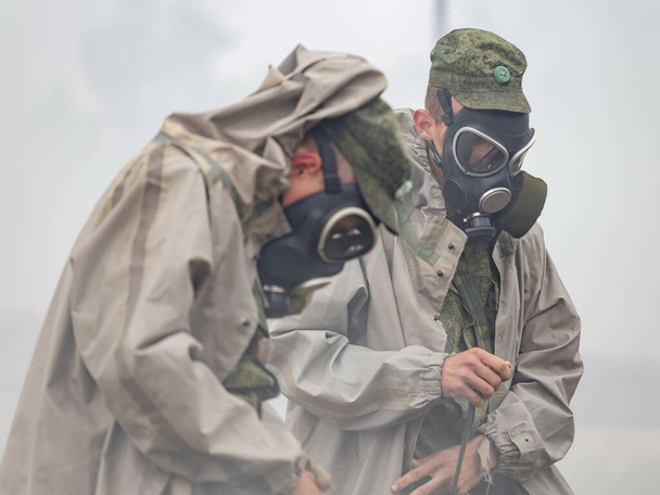 Moscow Region, Russia - 25.07.2019: The field exit of chemical protection units of military units of the Central District of the Russian Guard took place at the training ground of a separate operational brigade in the Moscow region - Fotoğraf, Görsel