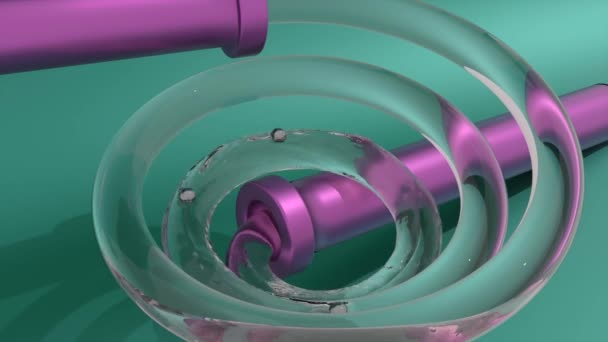 L'acqua si muove in tubo a spirale. Progettazione. Animazione 3D di acqua che sale tubo a spirale in tubo. Acqua si muove verso l'alto tubo a spirale trasparente su sfondo colorato brillante - Filmati, video