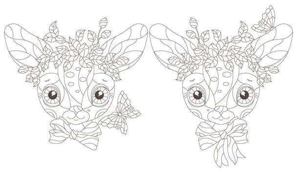 A set of illustrations in the style of stained glass with cute contour cartoon reindeer, outline animals portraits on a white background - Vektör, Görsel