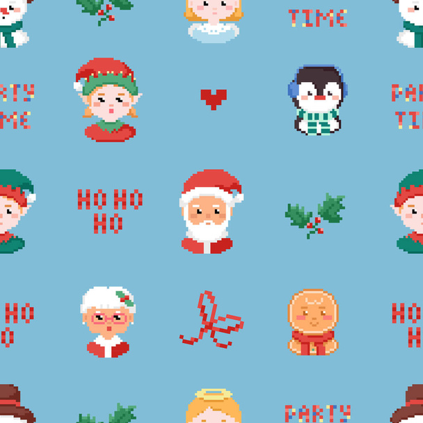 Рождественский пиксельный рисунок с пряничным печеньем человека, Санта-Эльф, бабушка миссис Клаус, пингвин, хо хо хо хо текст и рождественский венок. Фон векторной квадратной плитки. - Вектор,изображение