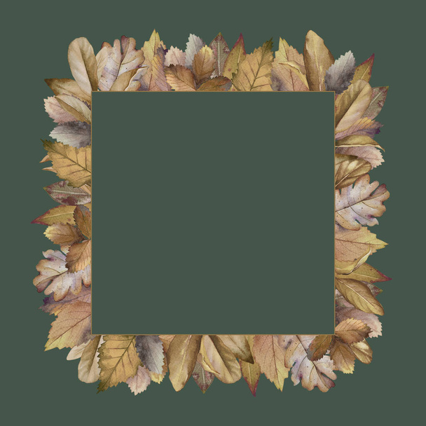 Floral square frame with watercolor autumn dry leaves on dark green background - Fotó, kép