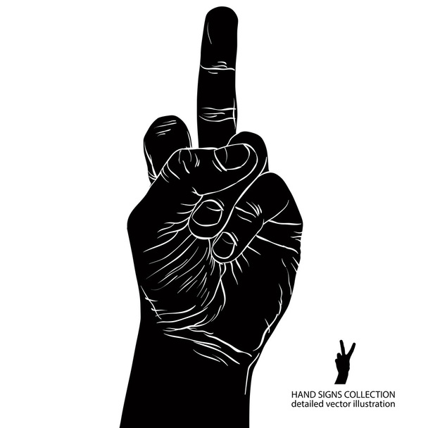 Middle finger hand sign, detailed black and white vector illustr - Vektor, obrázek