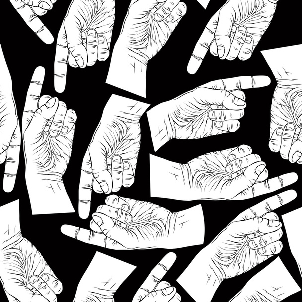Finger pointing hands seamless pattern, black and white vector b - Vetor, Imagem