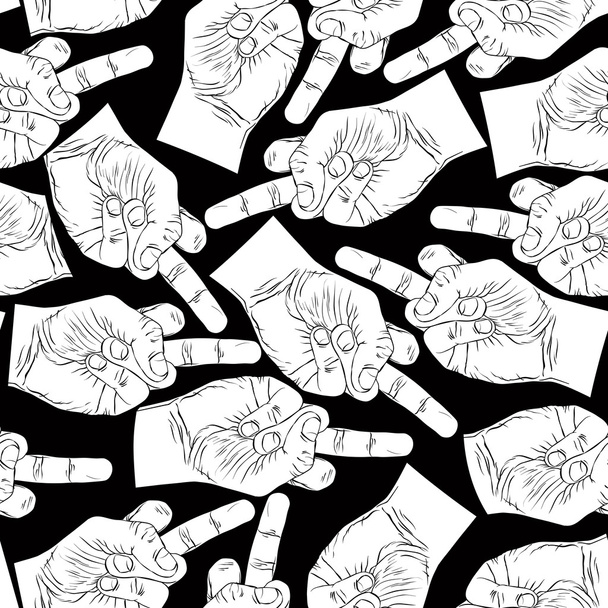Middle finger hands seamless pattern, black and white vector bac - Διάνυσμα, εικόνα