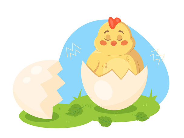 Carino pulcino neonato in stile cartone animato guscio d'uovo. Illustrazione vettoriale isolata di un pulcino in guscio d'uovo incrinato. Uccello giallo animale. - Vettoriali, immagini