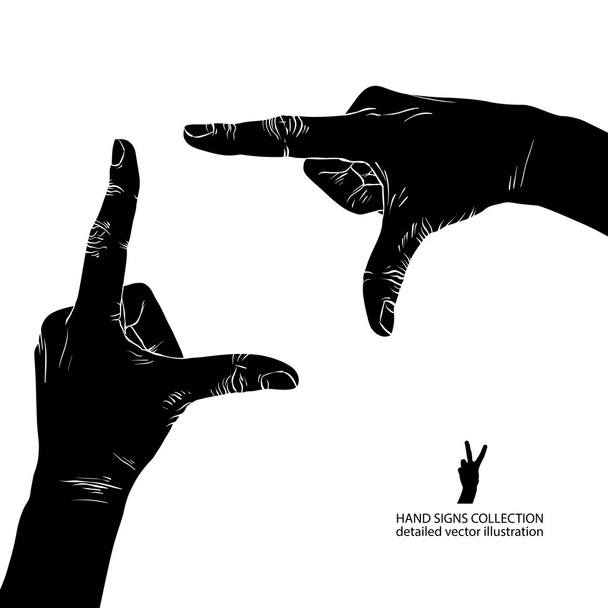 Hands shaped in viewfinder, detailed black and white vector illu - Vector, imagen
