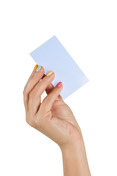 Female hand holding blank business card - Foto, afbeelding