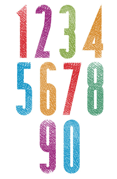 Retro style geometric tall condensed numbers set with hand drawn - Vetor, Imagem