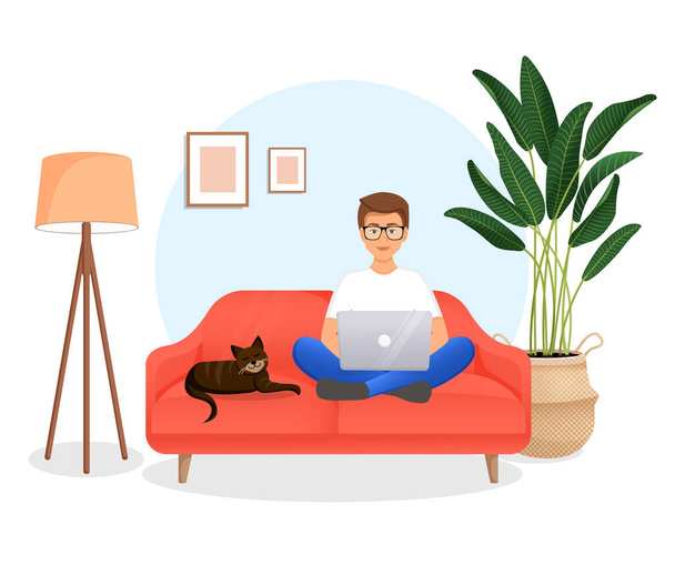 Ένας άντρας κάθεται στον καναπέ σε ένα δωμάτιο με έναν φορητό υπολογιστή με τη γάτα της. Επίπεδη διανυσματική απεικόνιση του ελεύθερου επαγγελματία, εργασία στο σπίτι, εργασία, γραφείο, εκπαίδευση. Απομακρυσμένη εργασία και επικοινωνία στα κοινωνικά δίκτυα. - Διάνυσμα, εικόνα