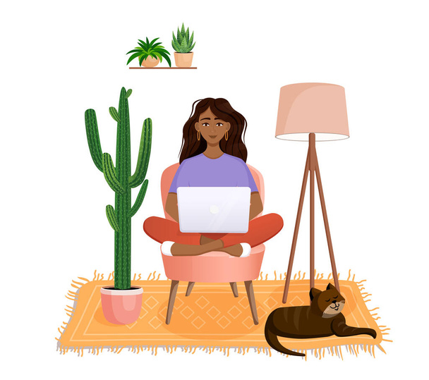 Mulher está sentada em uma cadeira em casa em um computador portátil. Trabalho remoto, escritório em casa, programação, freelance. Estude em casa em quarentena. Ilustração vetorial. Interior acolhedor com um gato. - Vetor, Imagem