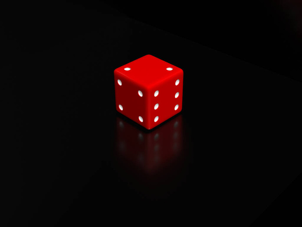 A red dice lies on a black background. 3d rendering - Foto, afbeelding