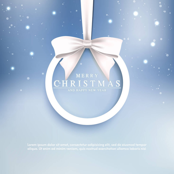 Vector Χριστούγεννα και Πρωτοχρονιά ευχετήρια κάρτα με λευκό στρογγυλό πλαίσιο και τόξο σε μπλε φόντο. Πανηγύρι χειμώνα - Διάνυσμα, εικόνα