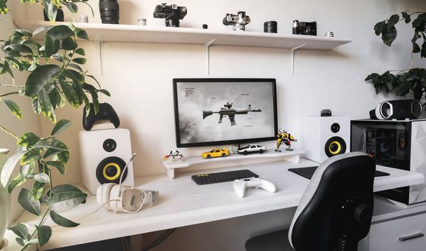 General view home workplace of gamer with computer and gamepad.  - Fotoğraf, Görsel