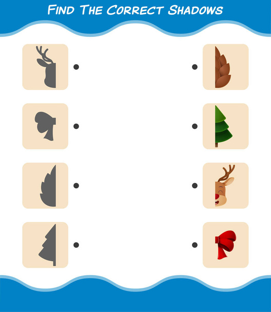 Finden Sie die richtigen Schatten von Cartoon-Weihnachten. Such- und Matching-Spiel. Lernspiel für Kinder und Kleinkinder im Vorschulalter - Vektor, Bild