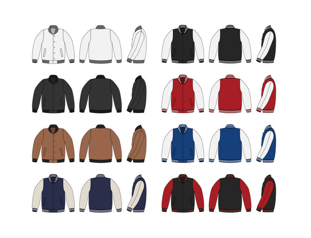 Conjunto de ilustración de plantilla de chaqueta (chaqueta de béisbol) de Varsity (frontal, trasero y lateral) ) - Vector, Imagen
