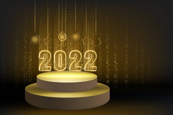 2022 Uusi vuosi kiiltävä kullanvärinen kiiltävä numerot banneri, vaiheessa palkintokorokkeella. Realistinen teksti flash valo, kultaiset hiukkaset, glitter, kimaltelee pöly, musta tausta. Vektoriesimerkki - Vektori, kuva