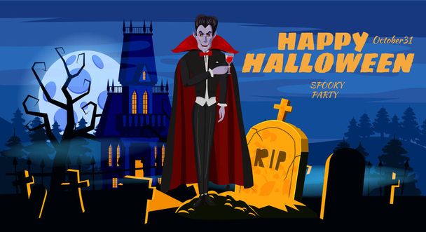 Happy Halloween Dracula auf dem Friedhof, Kreuze, Gräber, gruselige Kürbisse, Mond, dunkle verlassene Villa Nacht, Silhouetten von fliegenden Fledermäusen. Vektor Illustration Cartoon-Stil Poster - Vektor, Bild