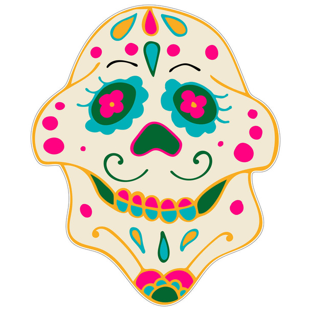 Ημέρα του Νεκρού Εκτυπώσιμου Αυτοκόλλητου. Ντία ντε λος Μουέρτος. Ζάχαρη κρανίο με πολύχρωμα στοιχεία του Μεξικού και λουλούδια. - Φωτογραφία, εικόνα