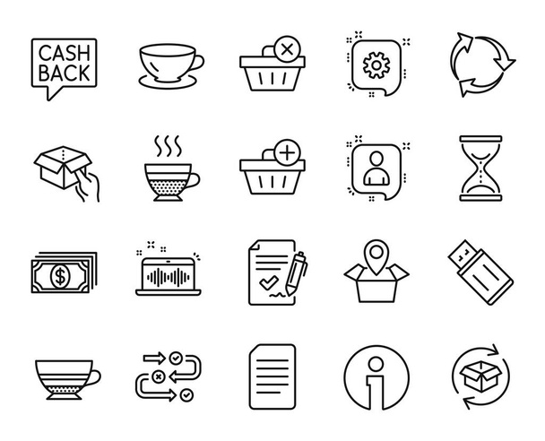 Vector set of Music making, Cafe creme and Add purchase line icons set. Mocha, Payment and Espresso icons. Package location, Time hourglass and Cogwheel signs. Music making web symbol. Vector - Vettoriali, immagini