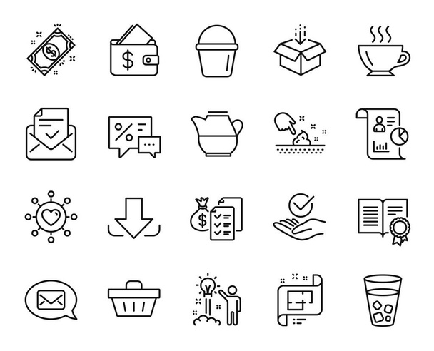 Vector set of Coffee, Architectural plan and Skin moisture line icons set. Discounts, Approved mail and Diploma icons. Report, Creative idea and Milk jug signs. Coffee web symbol. Vector - Vector, Image