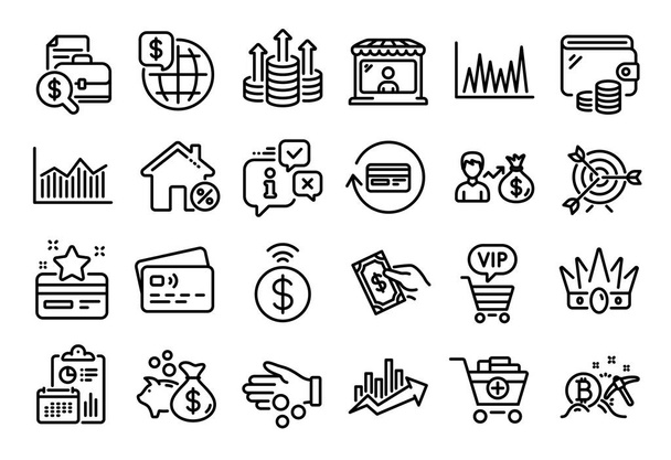 Vector set of Growth chart, Contactless payment and Crown line icons set. Calendar report, Money wallet and Credit card tag. Money diagram, Vip shopping and Line graph icons. Vector - Vector, Image
