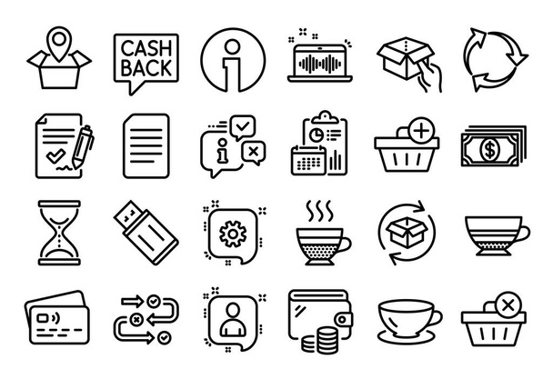 Vector set of Music making, Cafe creme and Add purchase line icons set. Calendar report, Money wallet and Credit card tag. Mocha, Payment and Espresso icons. Vector - Vettoriali, immagini
