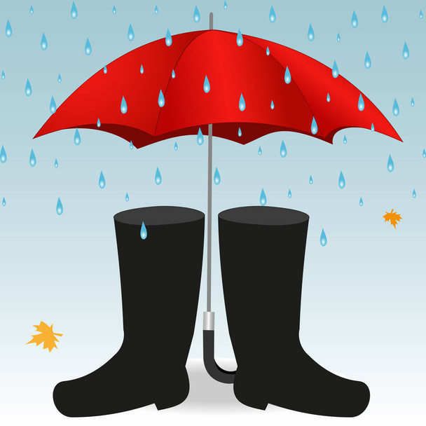 Illustration of a red umbrella and boots under raindrops - Vecteur, image