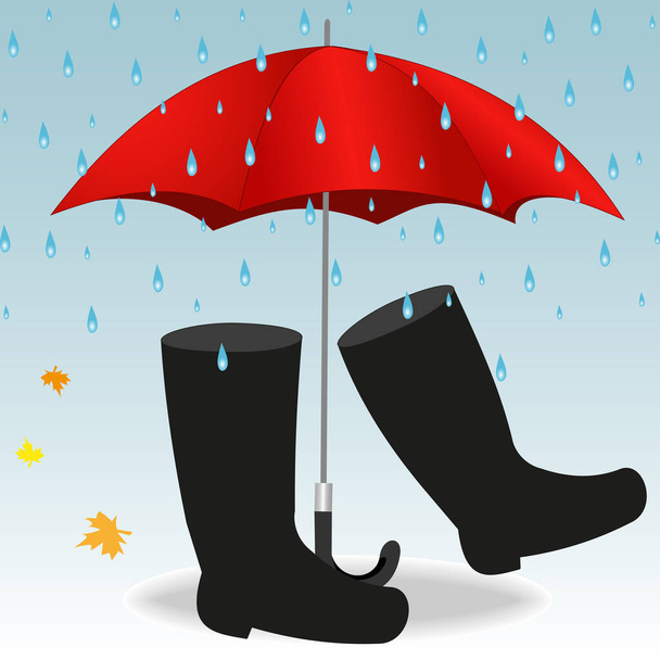 Illustration of a red umbrella and boots under raindrops - Vektor, obrázek