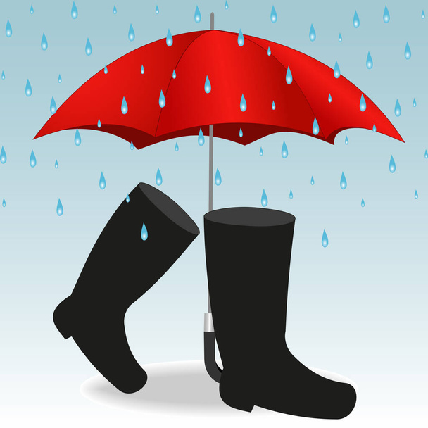 Ilustração de um guarda-chuva vermelho e botas sob gotas de chuva - Vetor, Imagem