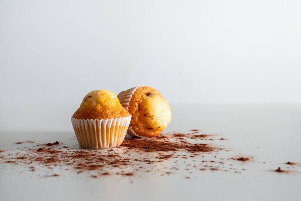 A shot of two small chocolate chip muffins sprinkled with cocoa on a white background with copy space - Фото, зображення