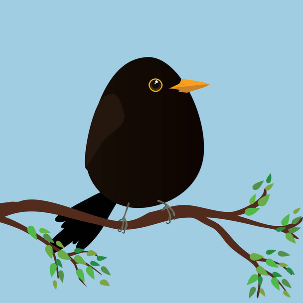 Un simpaticissimo merlo a forma di uovo. Sfondo blu. L'uccello siede su un ramo con foglie verdi. - Vettoriali, immagini
