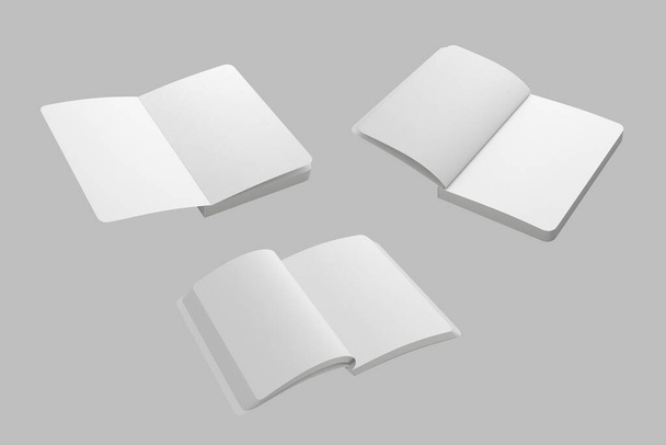 Libretto bianco vuoto aperto con angoli arrotondati modellato isolato su uno sfondo grigio. può essere utilizzato per la progettazione di schizzi o diari per notebook. rendering 3d. - Foto, immagini