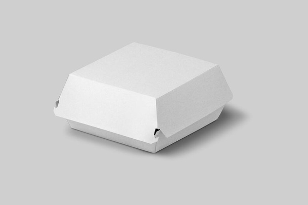 Порожня порожня біла бургерна коробка з загорнутим сміхом бургер вгору ізольовано на сірому фоні. 3D візуалізація
. - Фото, зображення