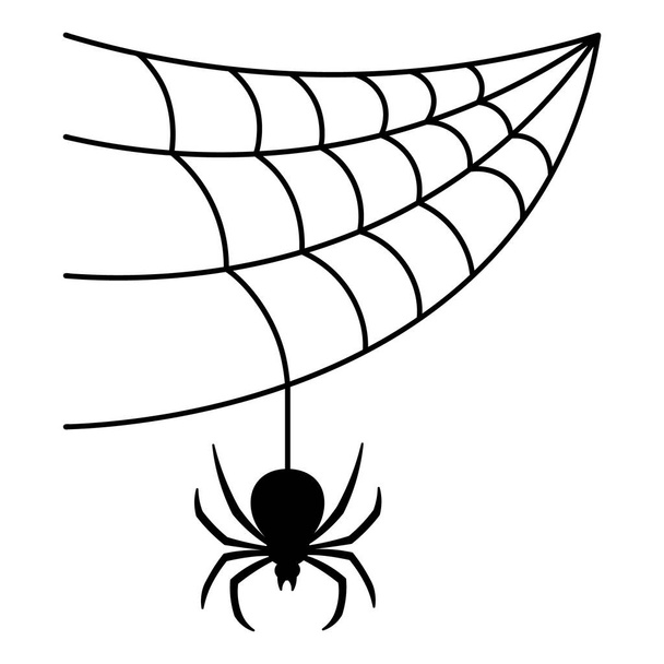 The spider weaves a web. Black Widow. Silhouette. The insect hangs on a thin thread in anticipation of the victim. Vector illustration. A sticky victim trap. Ambush of a clever hunter. Bloodthirsty predator. Isolated background. Halloween symbol - Vektor, obrázek