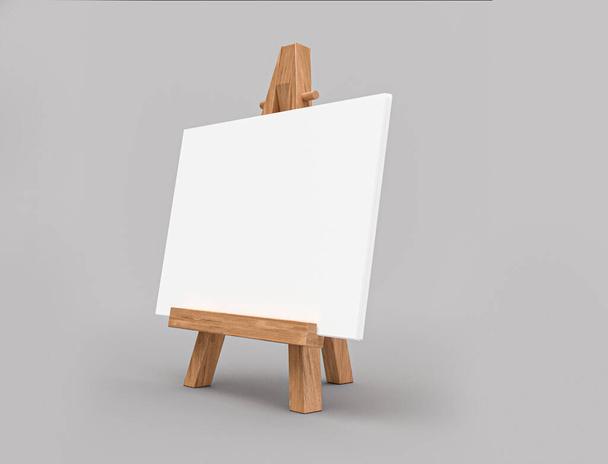 A 3D rendering of a wooden easel with an empty canvas isolated on a gray background - Foto, afbeelding