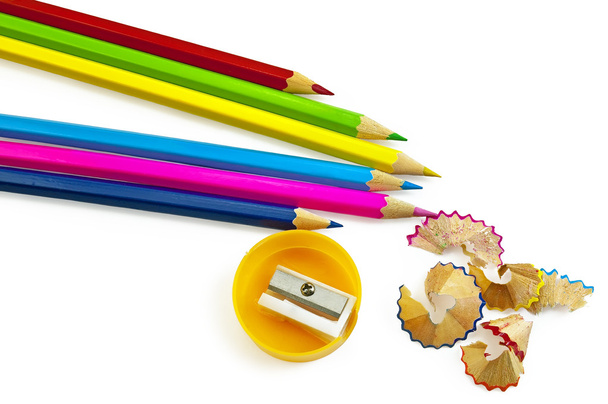 Colored pencils with sharpener - Foto, afbeelding