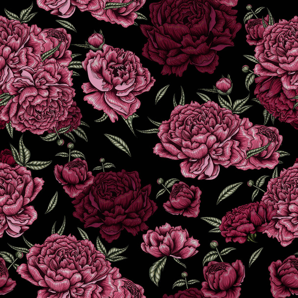   ピンクやバーガンディの牡丹の花、葉や芽を暗い背景にシームレスベクトルパターンイラスト - ベクター画像