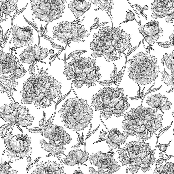  Seamless vector pattern linear graphic peony flowers with leaves and buds - Vector, Image