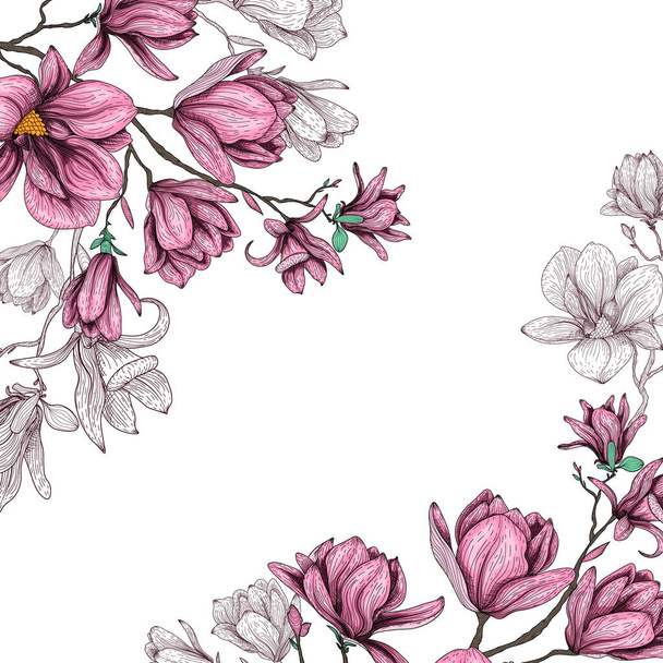  Vektorillustration eines Rahmens aus Magnolienblüten auf einem Zweig - Vektor, Bild