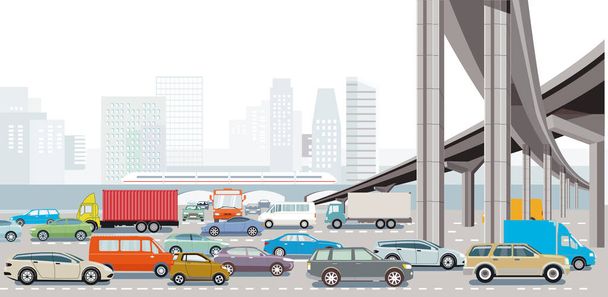 Großstadt im Berufsverkehr mit einer Kreuzung im Stau und öffentlichen Verkehrsmitteln Illustration - Vektor, Bild