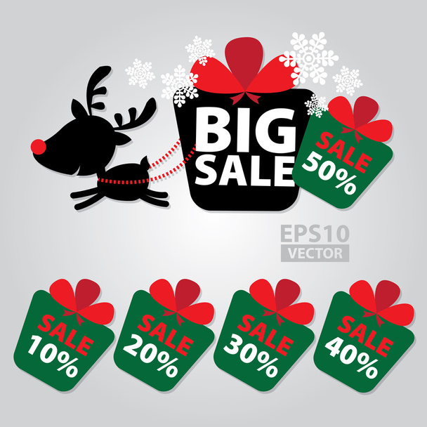 Big Sale New Year and Christmas Rindeer Sticker tags with Sale 10 - 50 percent text on Colorful Gift Box Sticker tags - Vector
 - Вектор,изображение