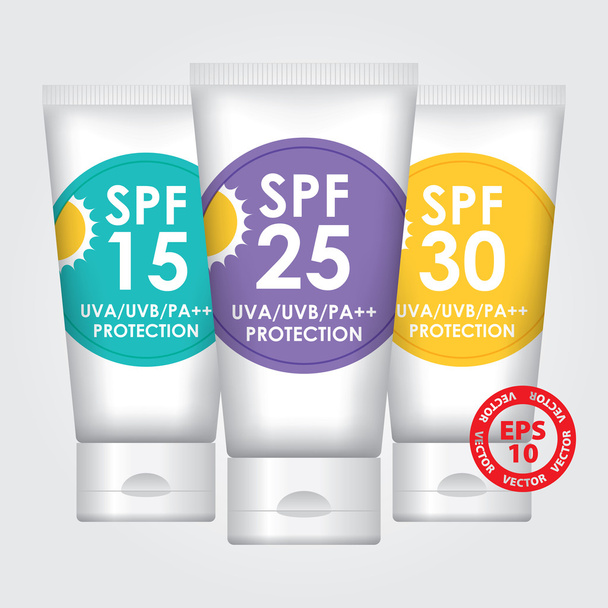 Sun Protection Lotion SPF15, SPF25, SPF30 - Tube containers - Vector - Vector, Image