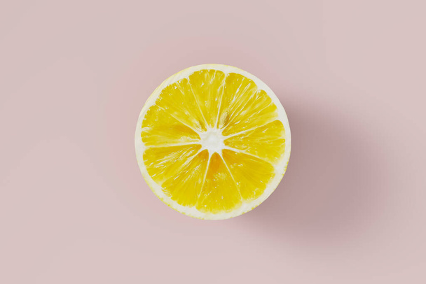 Horní pohled na plátek citronu na růžovém pozadí, banner pro stránky, studio natáčení, 3D vykreslování - Fotografie, Obrázek