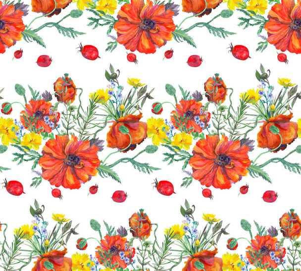 seamless watercolor summer pattern with wildflowers and red poppies on white background - Foto, imagen
